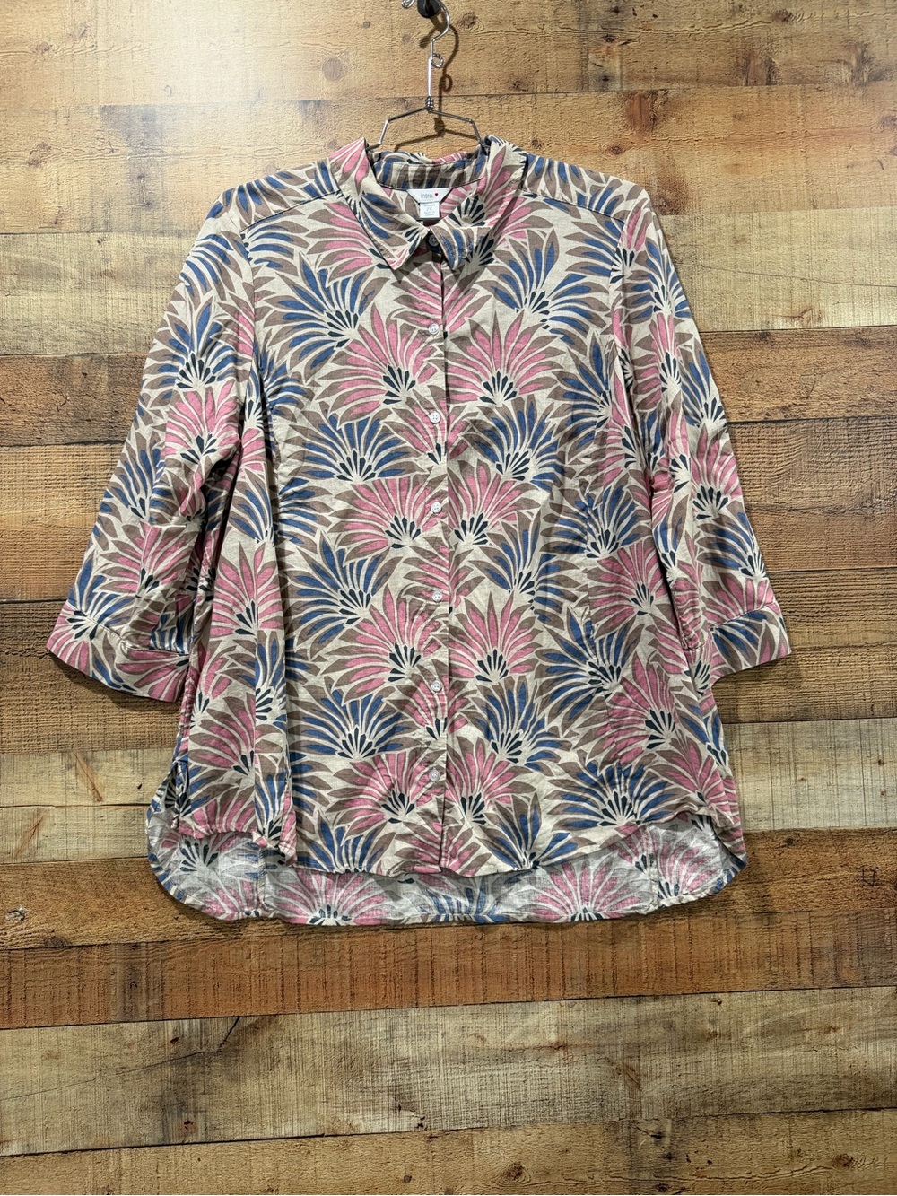intro. Linen Blend Button Down Shirt Cream, Pink & Blue Size 2XL